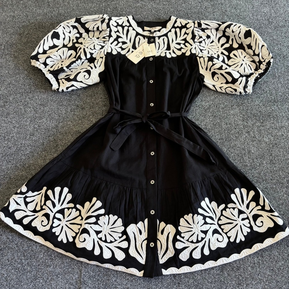 Sea New York Black White Applique Embroidered Mini Dress XS NWT Cotton Linen - Picture 2 of 10